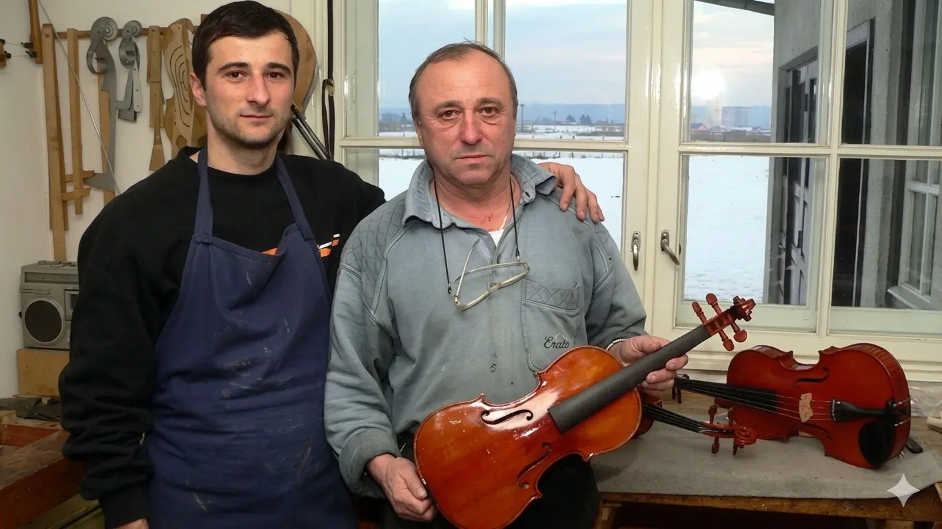 Mare Vasile și Mare Aurelian, tată și fiu, în atelierul din Reghin